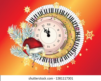 Vintage style clock with crescent moon, fir tree branch and music notes design.