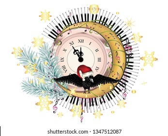Vintage style clock with crow, crescent moon, fir tree branch and music notes design.