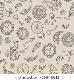 Reloj de estilo vintage, pluma, llave, pájaro en un fondo de color beige. Ilustración vectorial manual.