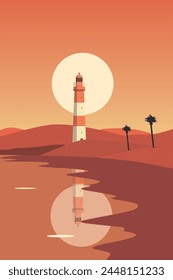 Vintage style coastal landscape with lighthouse at sunset or sunrise, vector retro poster illustration