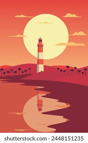 Klassischer Stil Küstenlandschaft mit Leuchtturm bei Sonnenuntergang oder Sonnenaufgang, Vektorgrafik Retro Poster Illustration