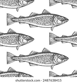 Vintage Style Cod Fish Seamless Pattern. Vector Hand Drawn Fish Background. High Quality Old Fashion Illustration