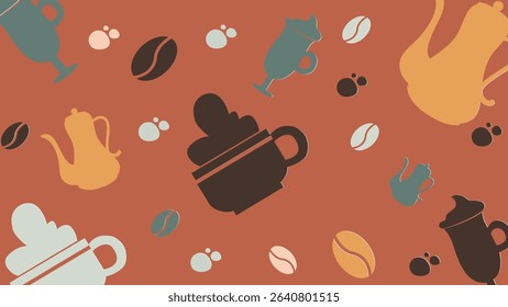 Vintage style coffee pots, mugs, and beans scattered on a warm red background. Perfect for coffee shops, retro designs, and beverage branding.