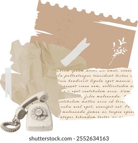 Vintage style collage with an old telephone in a halftone effect, with torn and crumpled paper. Elements for scrapbook, decoupage in the shabby chic style. Vector illustration