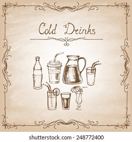 Vintage  style . Collection of cold drinks.  Sketches of cold drinks hand-drawn. Vector illustration.