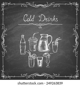 Vintage style. Collection of cold drinks hand drawn sketches on the blackboard. Vector illustration.