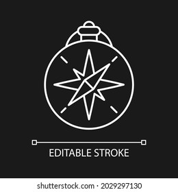 Vintage style compass white linear icon for dark theme. Classic look item for navigation. Thin line customizable illustration. Isolated vector contour symbol for night mode. Editable stroke