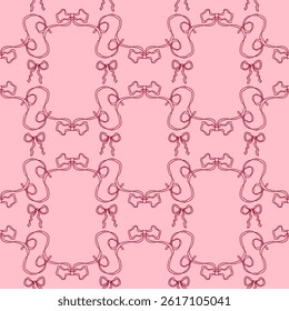 Vintage style coquette ribbon frame seamless pattern. Delicate girly print for fabric, paper, textile. Hand drawn vector illustration.


