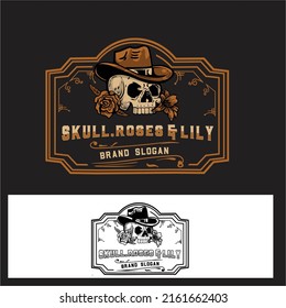 vintage style cowboy skull, roses and lily brewery logo