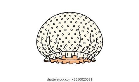 A vintage style cream colored shower cap with a delicate small blue polka dot pattern and a ruffled brim