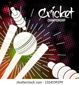 Vintage style Cricket Championship poster design with illustration of ball hitting wicket stumps on abstract background.