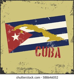 Vintage style Cuba map. Old style poster of vacation in Cuba. Concept of travel in caribbean islands. Cuba flag. Vector illustration.