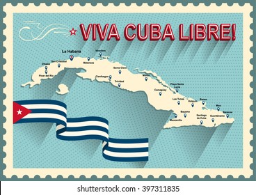 Vintage style Cuba map. Viva Cuba libre! Long live the free Cuba! Spain language. Old style poster of vacation in Cuba. Concept of travel in caribbean islands. Cuba flag.