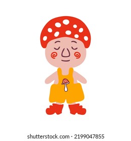 Vintage style cute gnome in agaric mushroom hat. Perfect for posters, greeting cards, T-shirt, stickers and print. Isolated vector illustration for decor and design.




