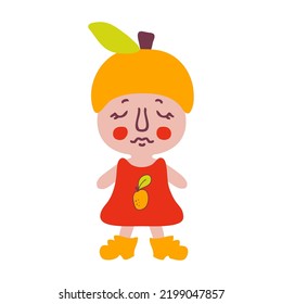 Vintage style cute gnome in fruit peach hat. Perfect for posters, greeting cards, T-shirt, stickers and print. Isolated vector illustration for decor and design.

