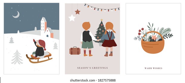 Vintage style cute Scandinavian winter kids greeting cards collection. Children and babies wearing fashion bohemian clothes. Retro style vector illustrations. Fashion concept