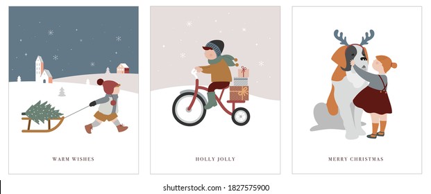 Vintage style cute Scandinavian winter kids greeting cards collection. Children and babies wearing fashion bohemian clothes. Retro style vector illustrations. Fashion concept