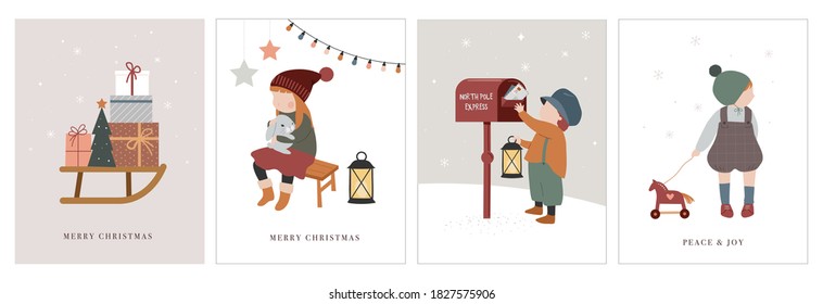 Vintage style cute Scandinavian winter kids. Children and babies wearing fashion bohemian clothes. Retro style vector illustrations. Fashion concept