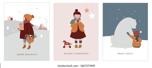 Vintage style cute Scandinavian winter kids greeting cards collection. Children and babies wearing fashion bohemian clothes. Retro style vector illustrations. Fashion concept