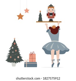 Vintage style cute Scandinavian winter concept illustration. Little ballerina trying to get nutcracker. Merry Christmas greeting card. Vector illustration