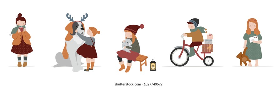 Vintage style cute Scandinavian winter kids. Children and babies wearing fashion bohemian clothes. Retro style vector illustrations. Fashion concept