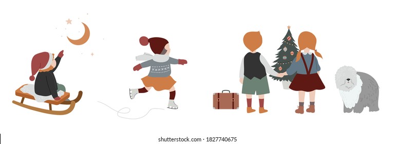 Vintage style cute Scandinavian winter kids. Children and babies wearing fashion bohemian clothes. Retro style vector illustrations. Fashion concept