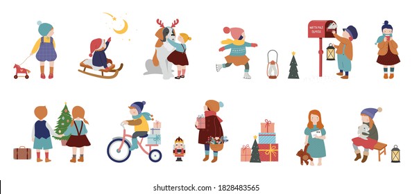 Vintage style cute Scandinavian winter kids. Children and babies wearing fashion bohemian clothes. Retro style vector illustrations. Fashion concept