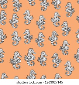 In vintage style. Decor on seamless background for clothing design. Pictures in white, beige and black colors. Sea Horse. Vector illustration.