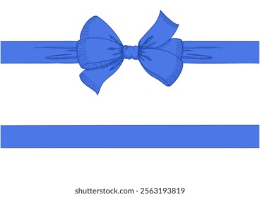 Vintage style decorated long blue bow and ribbon. Hand drawn vintage line art vector illustration.You can change the line and ribbon collor on the vector deta.