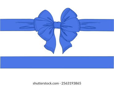Vintage style decorated long blue bow and ribbon. Hand drawn vintage line art vector illustration.You can change the line and ribbon collor on the vector deta.