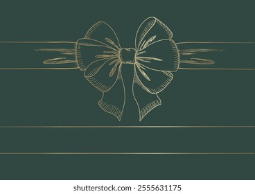 Vintage style decorated long bow and ribbon. Hand drawn vintage line art vector illustration. Gold color.You can change the line and ribbon collor on the vector deta.