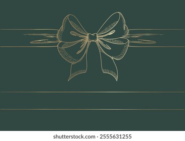 Vintage style decorated long bow and ribbon. Hand drawn vintage line art vector illustration. Gold color.You can change the line and ribbon collor on the vector deta.