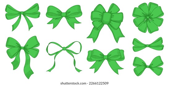 Vintage style decorated long green bow and ribbon. Hand drawn vintage line art vector illustration. You can change the line and ribbon collor on the vector deta.