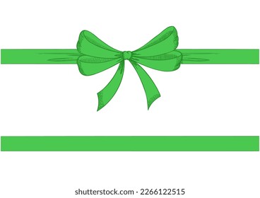 Vintage style decorated long green bow and ribbon. Hand drawn vintage line art vector illustration. You can change the line and ribbon collor on the vector deta.
