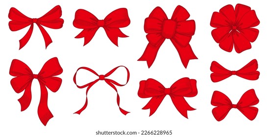 Vintage style decorated long red bow and ribbon. Hand drawn vintage line art vector illustration. You can change the line and ribbon collor on the vector deta.