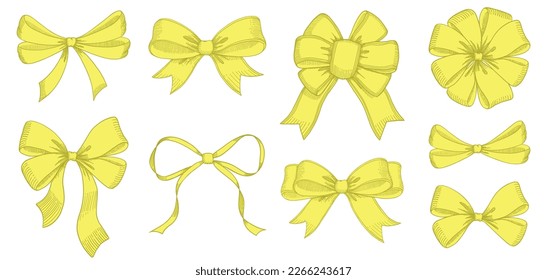 Vintage style decorated long yellow bow and ribbon. Hand drawn vintage line art vector illustration. You can change the line and ribbon collor on the vector deta.