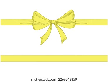 Vintage style decorated long yellow bow and ribbon. Hand drawn vintage line art vector illustration. You can change the line and ribbon collor on the vector deta.