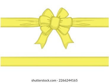 Vintage style decorated long yellow bow and ribbon. Hand drawn vintage line art vector illustration. You can change the line and ribbon collor on the vector deta.