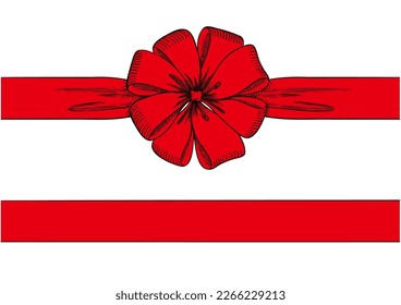 Vintage style decorated red long bow and ribbon. Hand drawn ink line art vector illustration. You can change the line and ribbon collor on the vector deta.