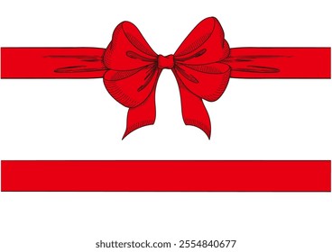 Vintage style decorated red long bow and ribbon. Hand drawn ink line art vector illustration. You can change the line and ribbon collor on the vector deta.