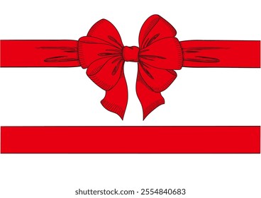 Vintage style decorated red long bow and ribbon. Hand drawn ink line art vector illustration. You can change the line and ribbon collor on the vector deta.