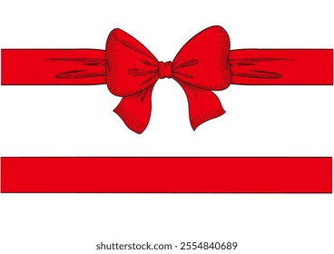 Vintage style decorated red long bow and ribbon. Hand drawn ink line art vector illustration. You can change the line and ribbon collor on the vector deta.