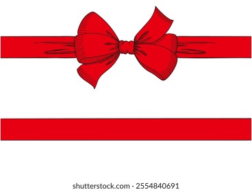 Vintage style decorated red long bow and ribbon. Hand drawn ink line art vector illustration. You can change the line and ribbon collor on the vector deta.