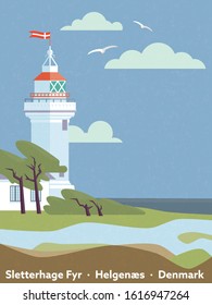 Vintage style Denmark poster with Sletterhage Fyr lighthouse vector illustration