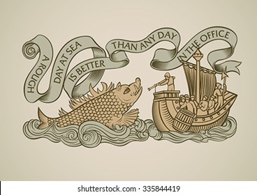 Vintage style design of a caravel attacked by the sea monster. Decorated with the curled banner on the top. Editable vector illustration.