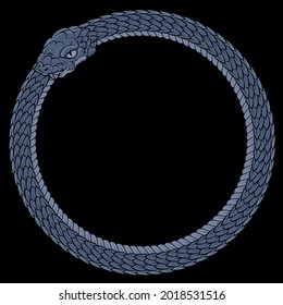 Vintage style design. A coiled Ouroboros snake biting its own tail, isolated on black, vector illustration