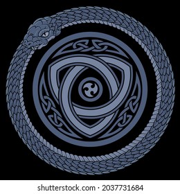 Vintage style design. A coiled Ouroboros snake biting its own tail and ancient Celtic pattern, isolated on black, vector illustration