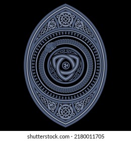Vintage style design. A coiled Ouroboros snake biting its own tail and ancient Celtic pattern, isolated on black, vector illustration