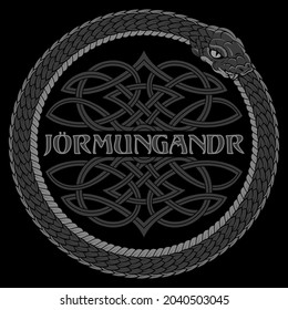 Vintage style design. Mythological Serpent Jormundgand - World Serpent and ancient Celtic pattern, isolated on black, vector illustration