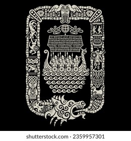 Vintage style design. Viking ship Drakkar with warriors, World Serpent frame with illustrations from Ancient Norse mythology, Ancient Norse pattern, isolated on black, vector illustration svg
